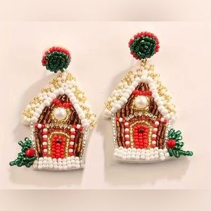 Beaded Holiday Gingerbread House Earrings